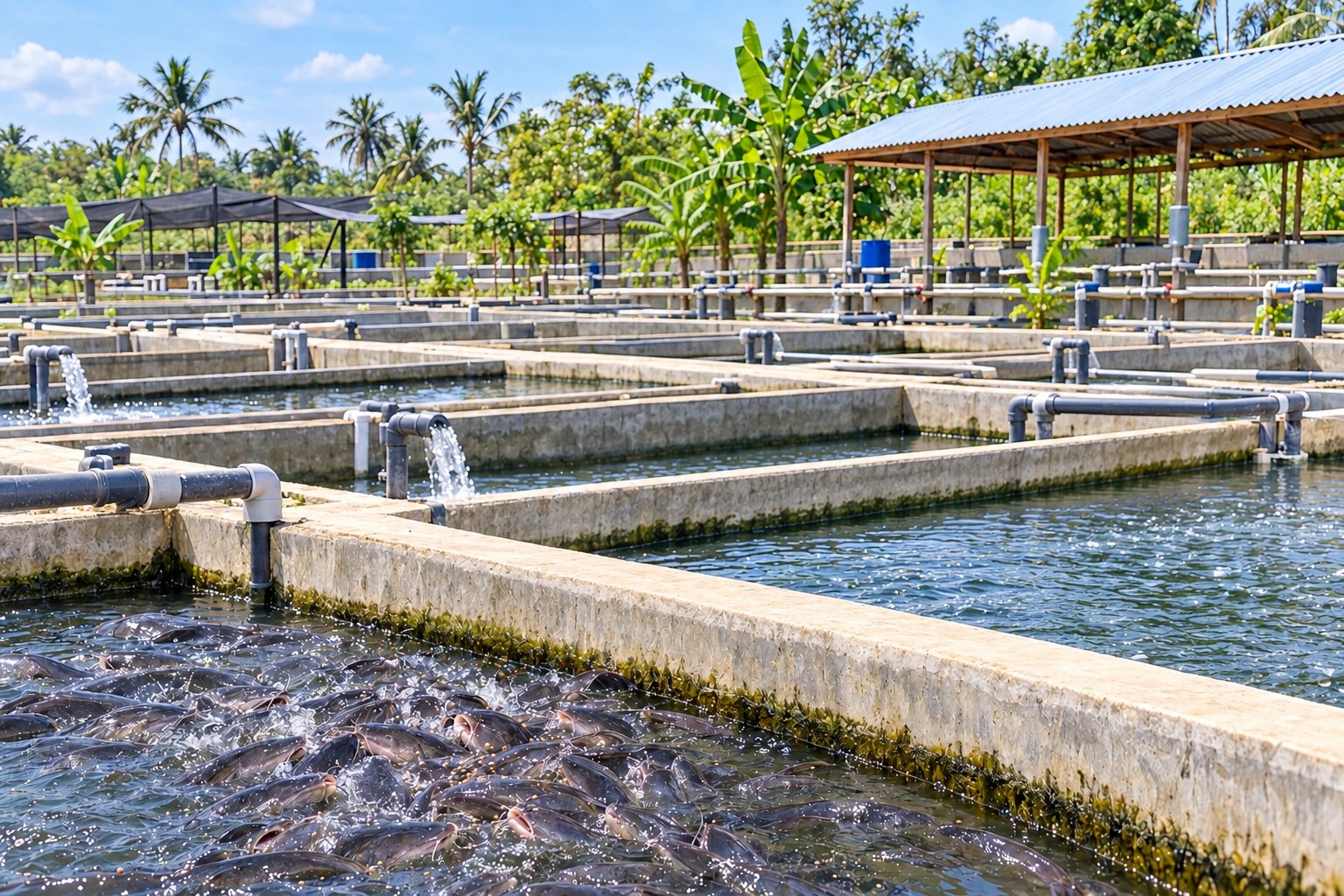 Catfish ponds with water pipes and tropical surroundings