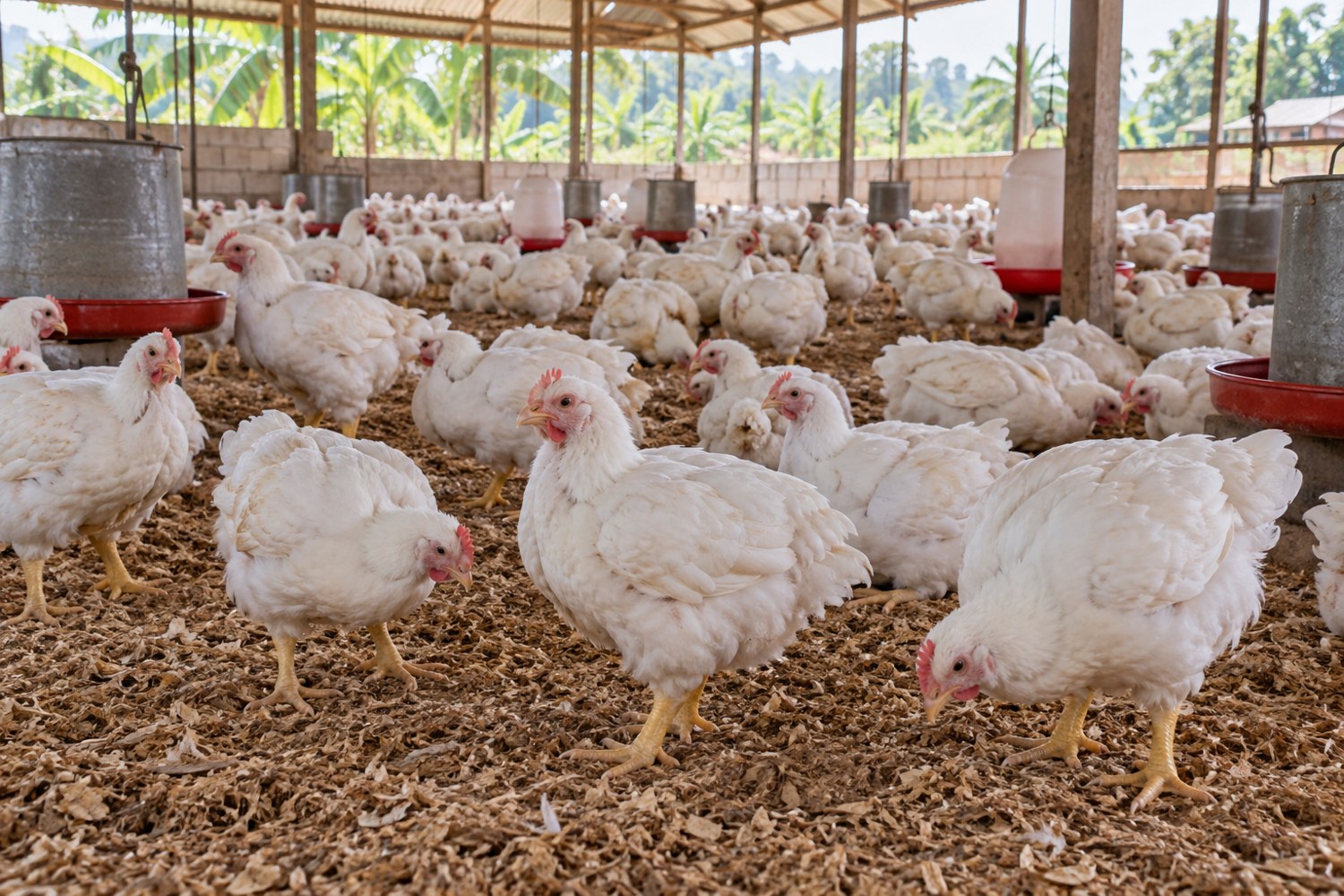 White broiler chickens in a spacious poultry shed