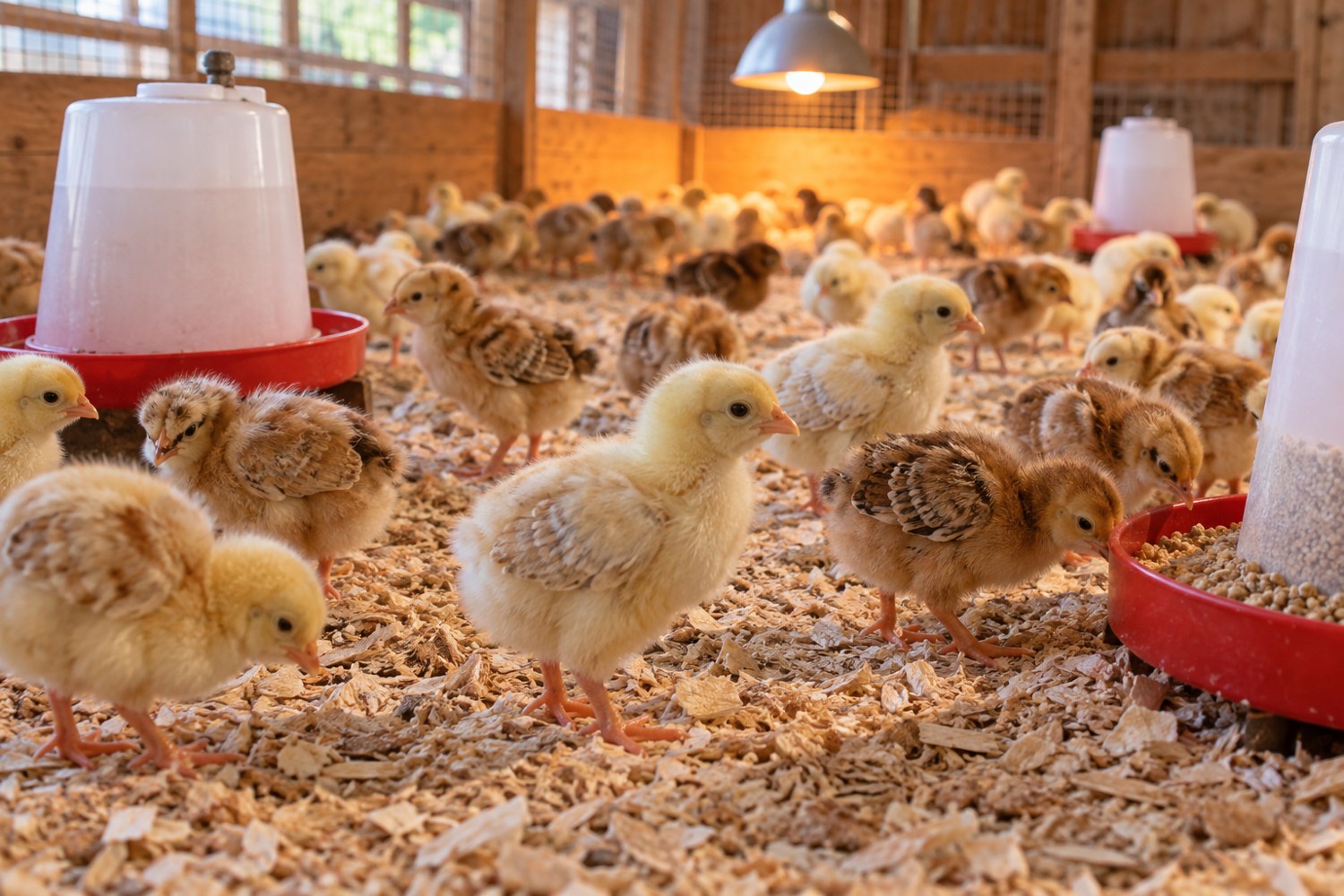 One-week-old chicks beside chick feeders in a brooder