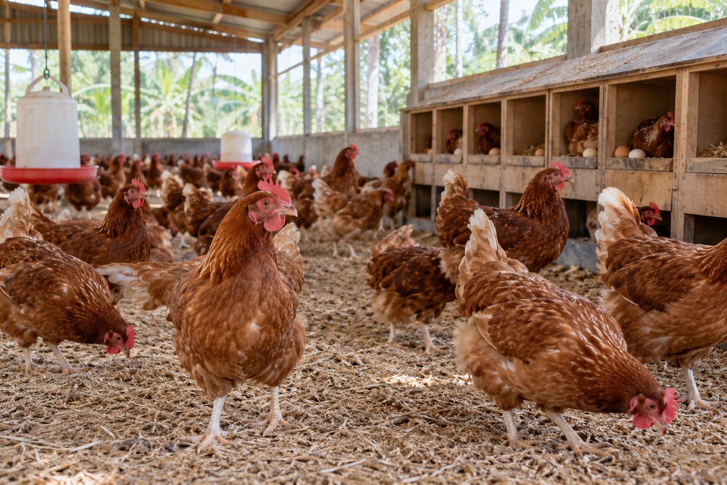 Brown laying hens in an airy poultry shed
