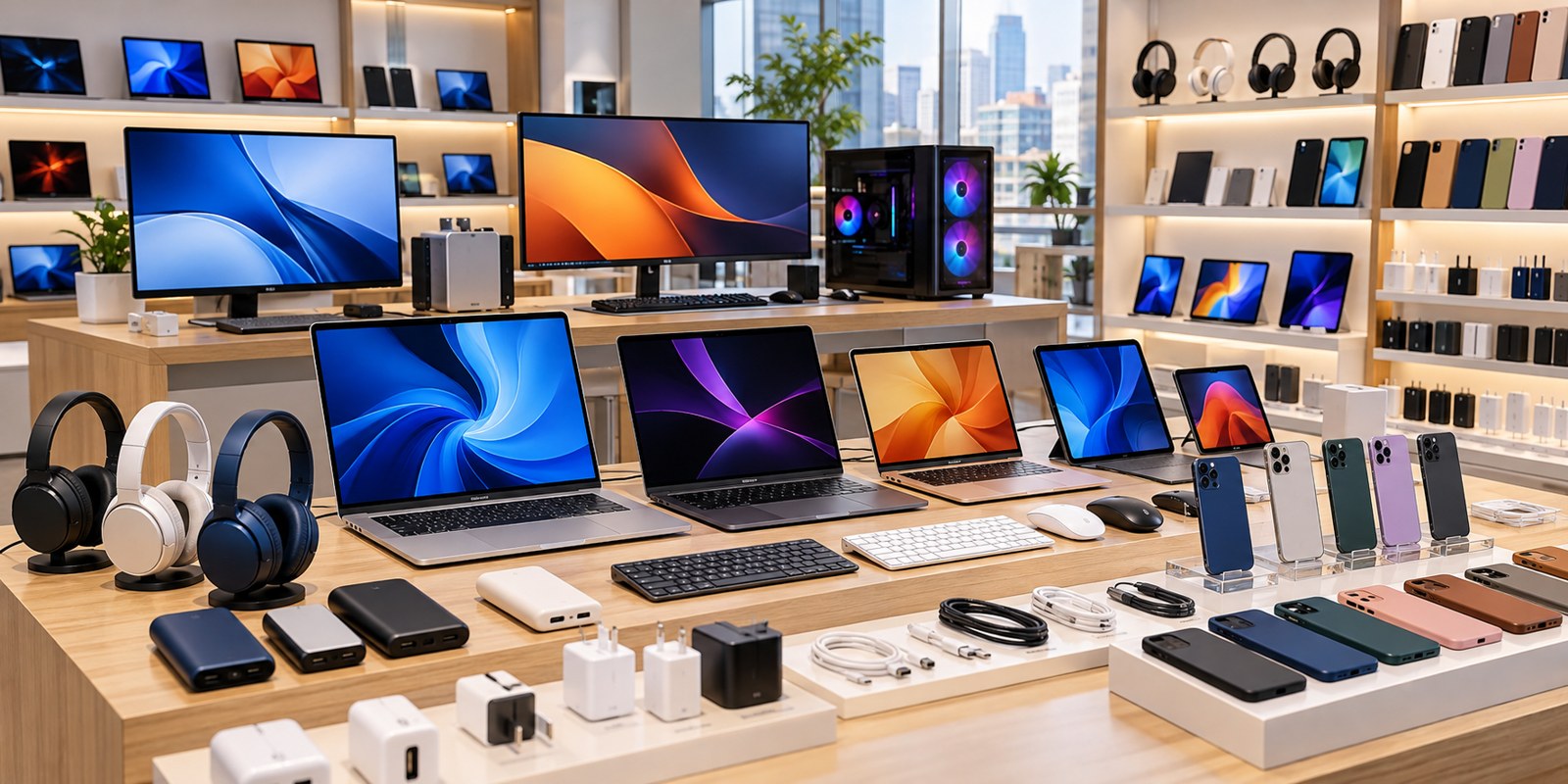 Display of computers, laptops, phones and technology accessories